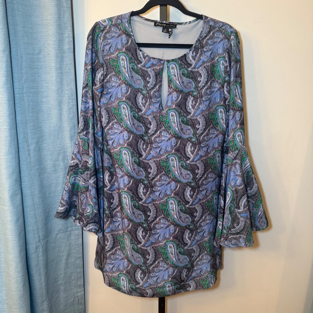 Elizabeth and James Silk Bell Sleeve Dress Paisley Blue Green Size Small